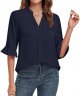 Women's Fashion Spring Summer Tops Dressy Blouse Chiffon V Neck Shirts Casual Ruffle Sleeve Work Pleated Top