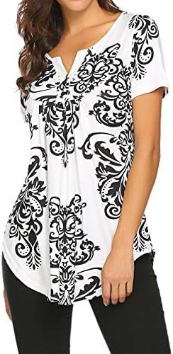 Women's Floral Printed Short Sleeve V Neck T-Shirt Pleated Casual Flowy Tunic Blouse Tops