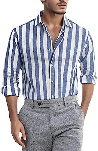 Mens Fashion Casual Striped Buckle Lapel Long Sleeve Shirt Top Taupe Mens Shirt