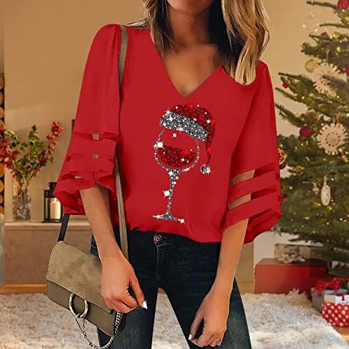 Women Casual Top Shirt V Neck Mesh Top Trumpet Half Sleeves Casual Christmas Tops Fashion Christmas Blouse Womens