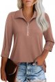 Womens Tops Dressy Casual Summer Fall Outfts 3/4 Length Sleeve V Neck Shirts Work Blouses Zipper Collar Polo Shirts