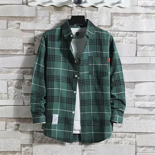 Men's Casual Printed Shirt Autumn/Winter Long Sleeved Single Breasted Lapel Plaid Striped Mens Extra Long Tee