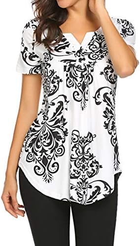 Women's Floral Printed Short Sleeve V Neck T-Shirt Pleated Casual Flowy Tunic Blouse Tops