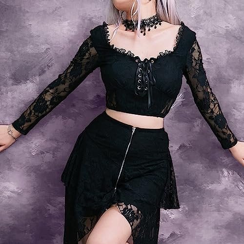 Women Gothic Elegant Hollow Sleeve Retro Womens Shirt Long Black Sexy Lace Top Womens Blouse Blank Tee Shirts for